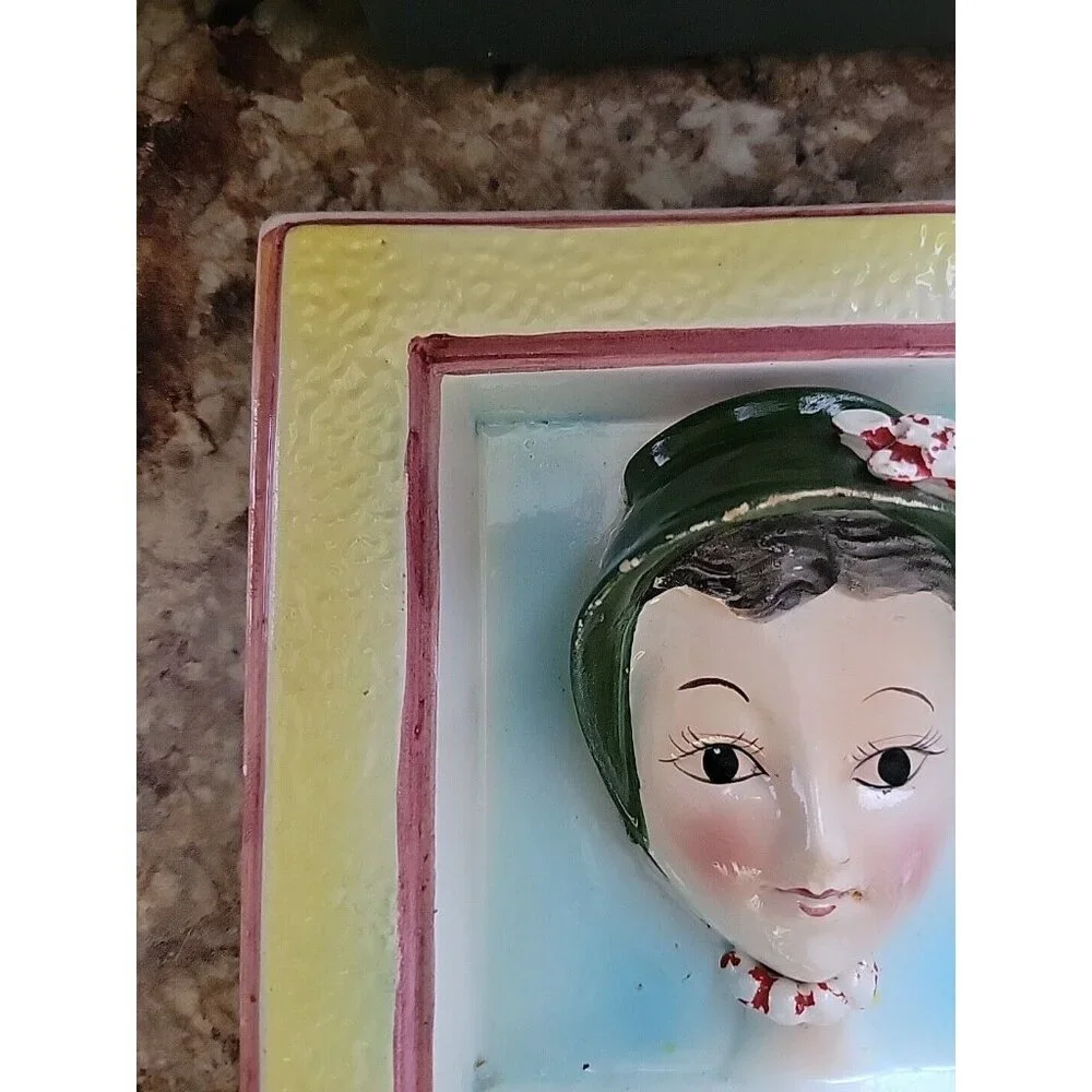 Vintage Wall Pocket Vase decor 3D Old Time woman ready to hang Porcelain VGC
